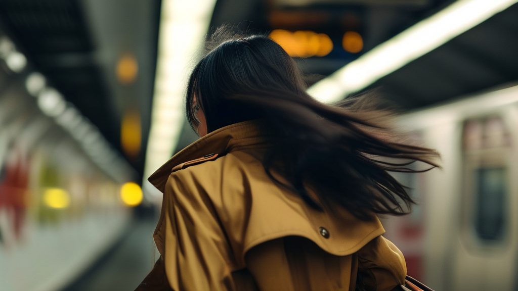 ShotFlow 生成分镜概念图：地铁站台，惨白日光灯管频闪。林薇从扶梯上跌跌撞撞跑下来，风衣